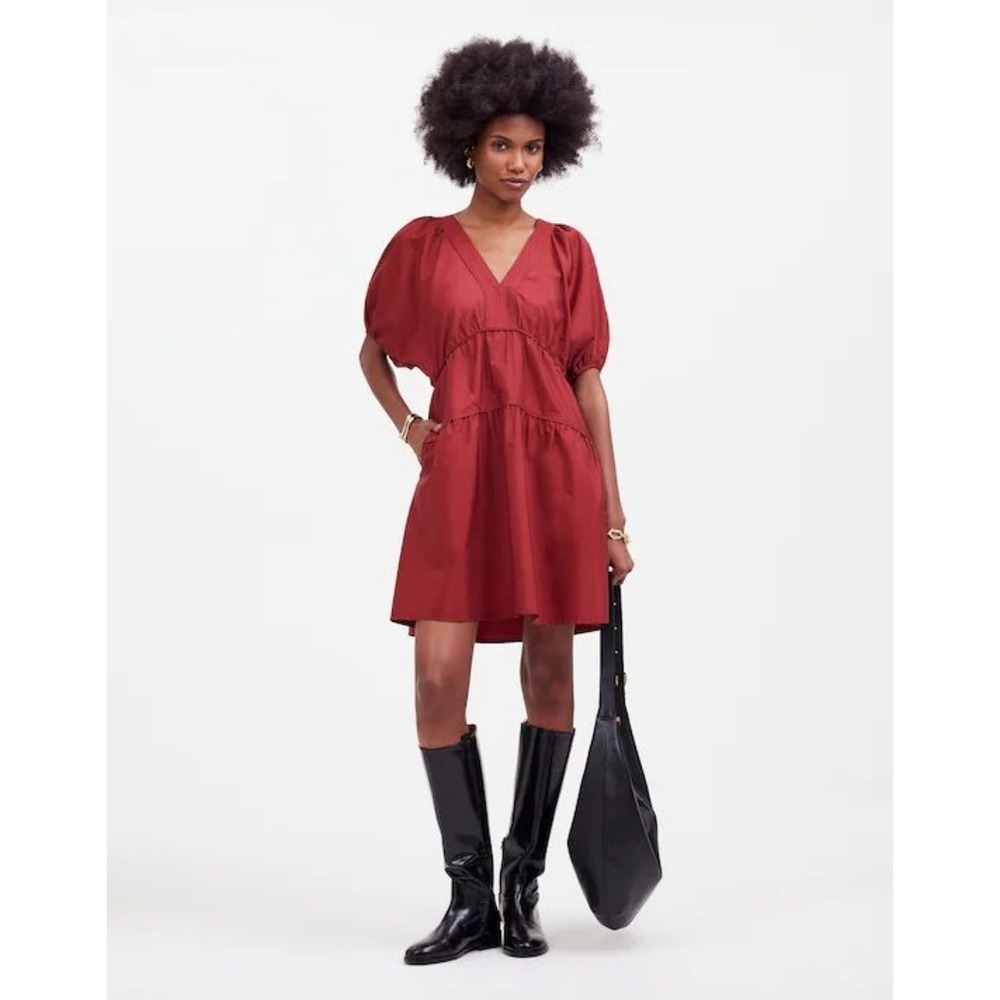 Madewell Claret Red Puff-Sleeve Mini Dress in Poplin NS222‎ Size L